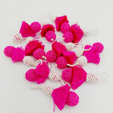 Fuchsia Pink Crochet Ball Tassels With White Pearls Beads, Tassel Charms, Nylon Tassels x 2